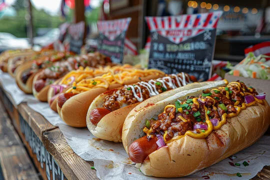 Variety of gourmet hot dogs on display at a food festival