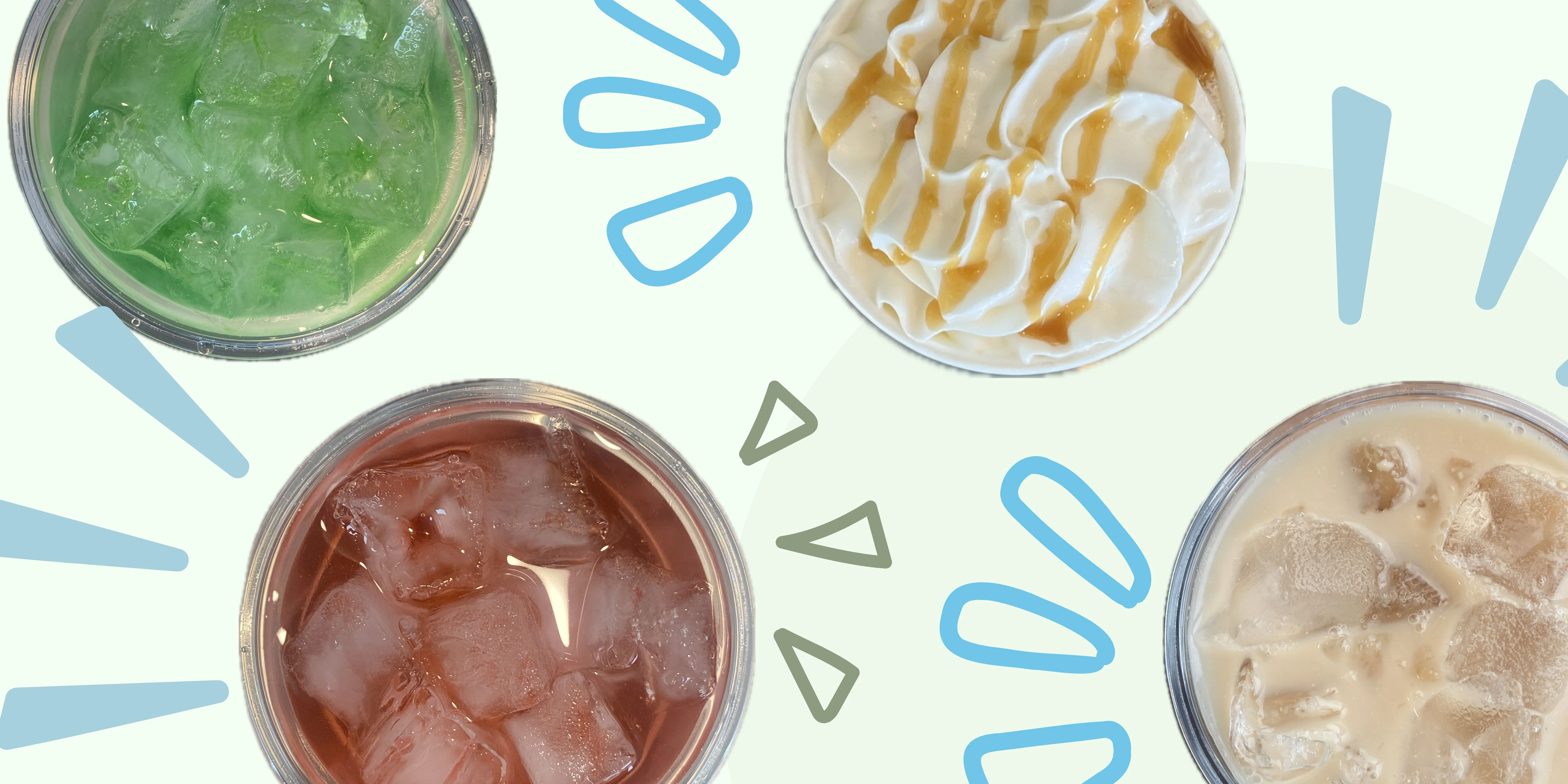 Colorful iced beverages in clear cups with ice