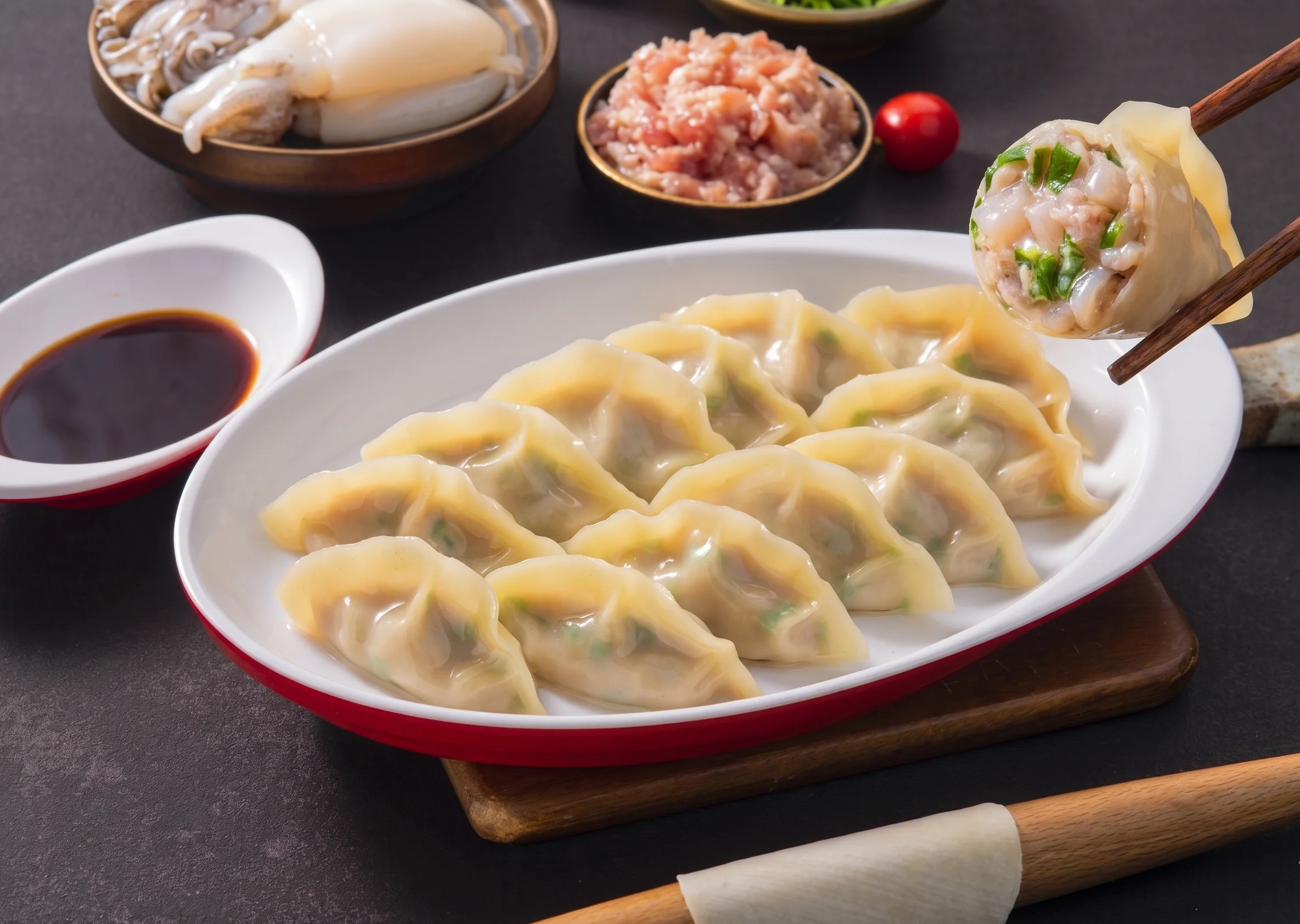 Plate of dumplings with dipping sauce and fresh ingredients in the background.