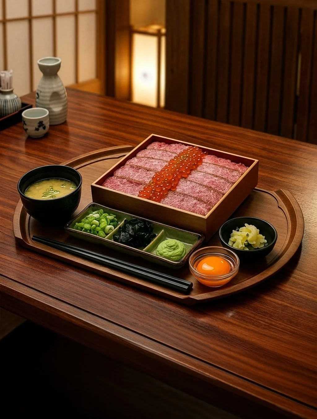 A premium Japanese meal set served on a dark wooden table. A square wooden box holds a bed of rice topped with thin slices of beef and bright orange salmon roe, presented alongside a raw egg yolk, miso soup, and traditional condiments on a circular lacquer tray.