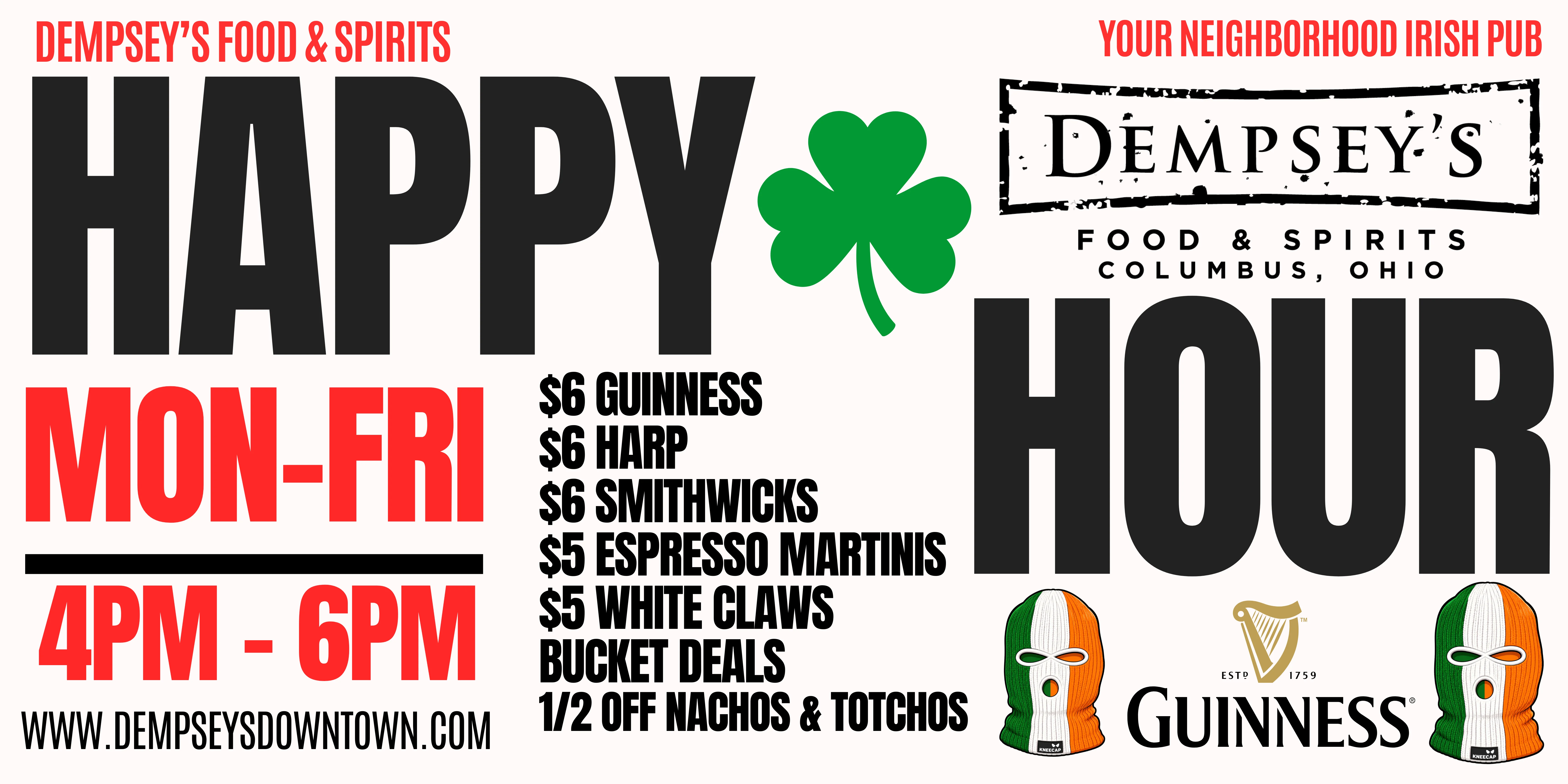 Happy hour promotion at an Irish pub with drink specials