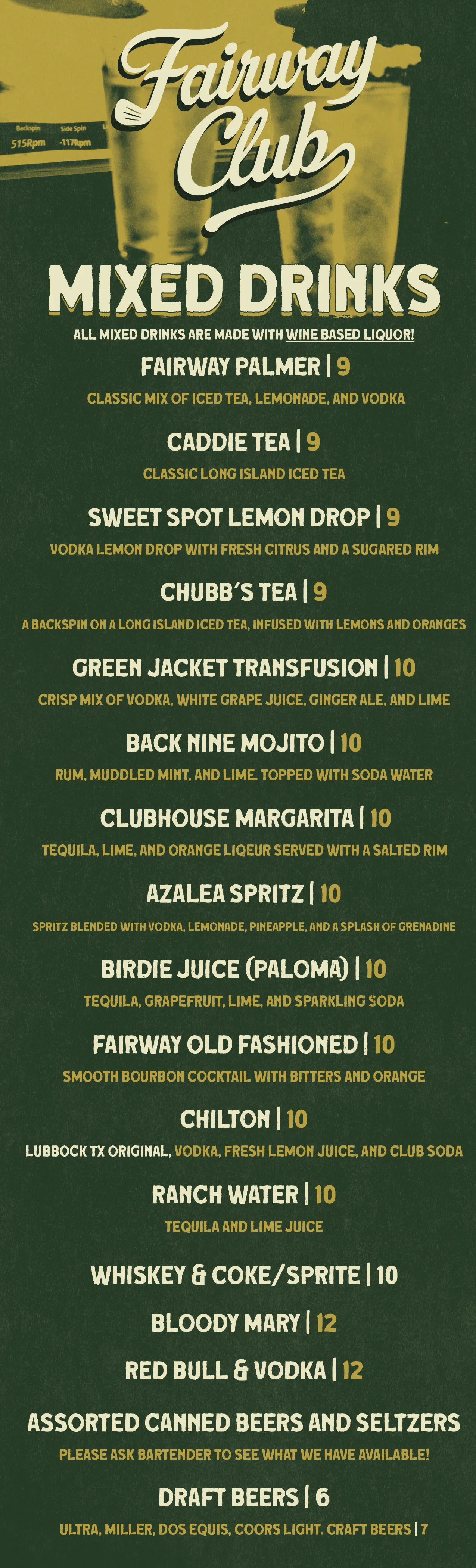 Menu featuring burgers and appetizers at Fairway Club.