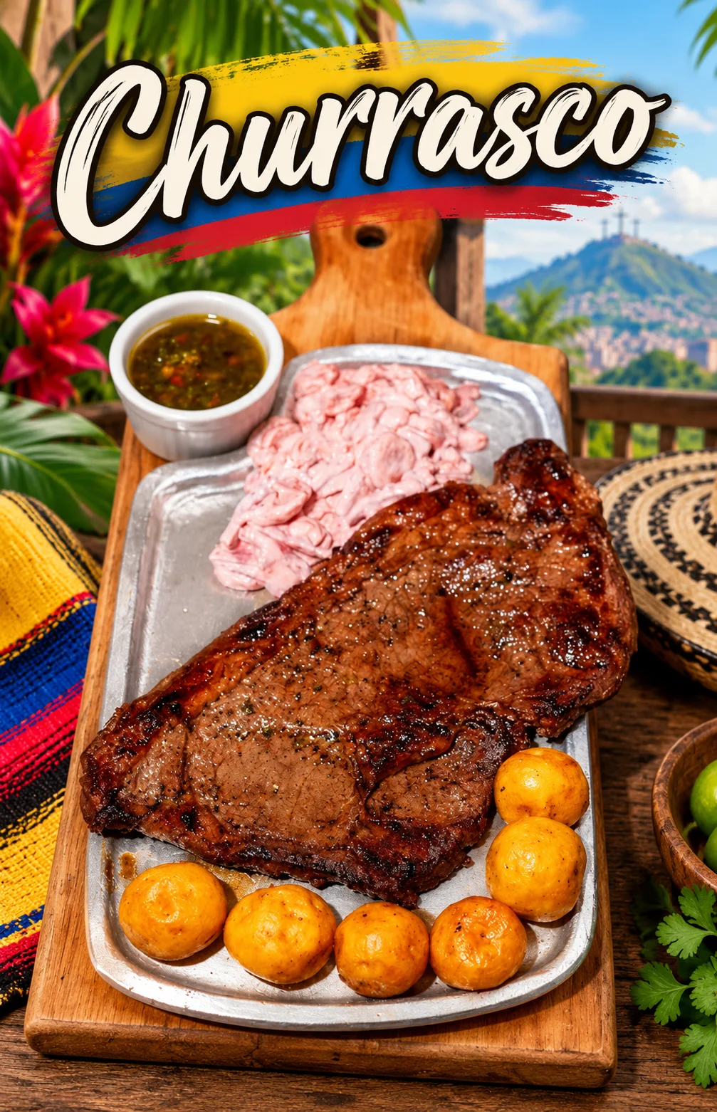 A serving of grilled churrasco beef, accompanied by dipping sauces and small potatoes on a metal platter.