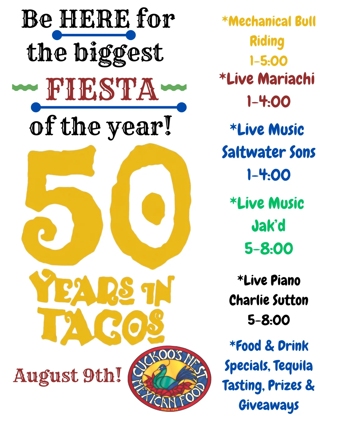 Celebratory event poster for a Mexican fiesta at Cuckoo's Nest
