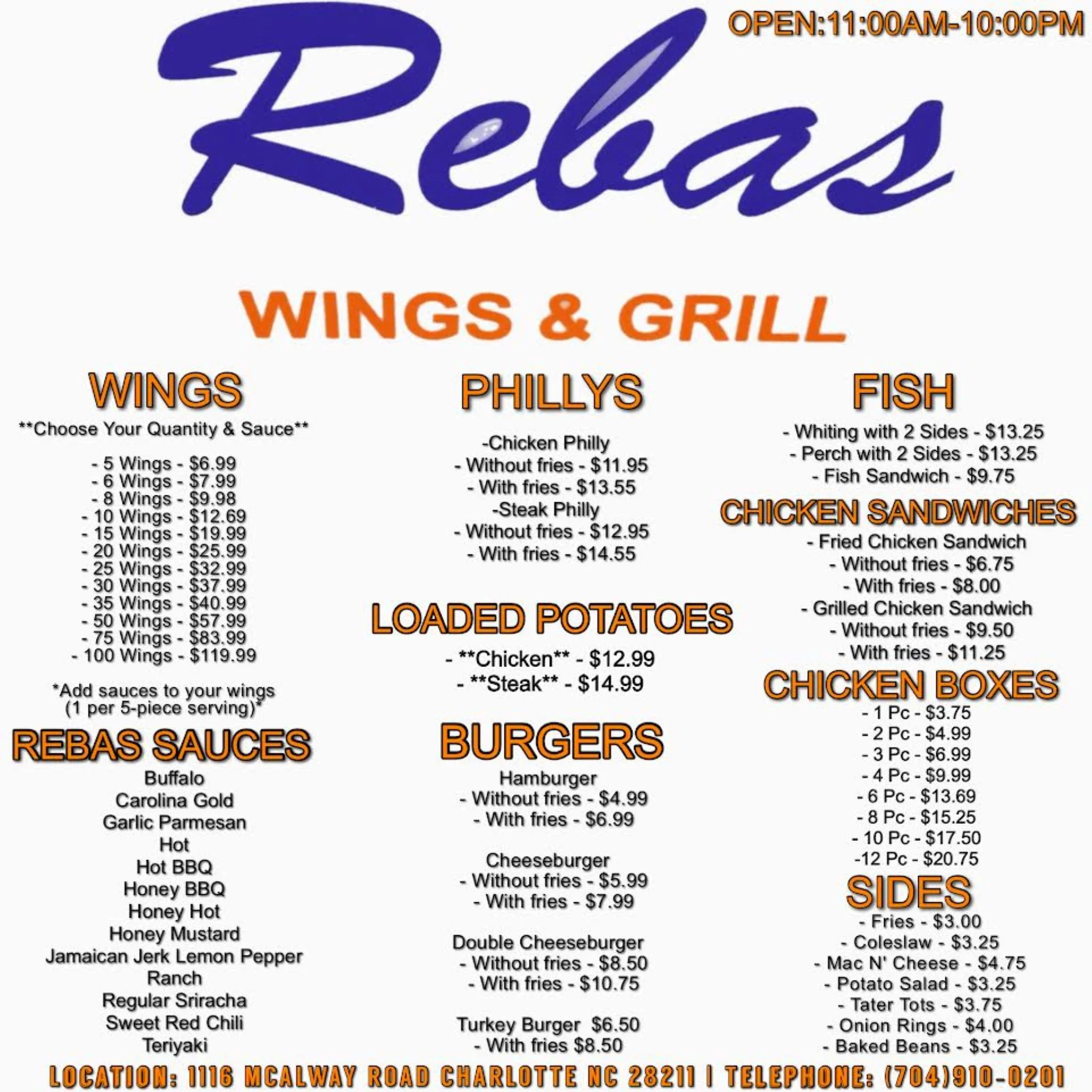 Menu for Rebas Wings & Grill featuring wings, philly sandwiches, and more