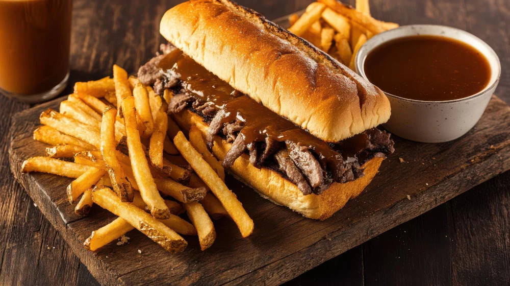A hearty sandwich filled with sliced beef and topped with gravy, served with crispy French fries and a small bowl of dipping sauce on a wooden board.