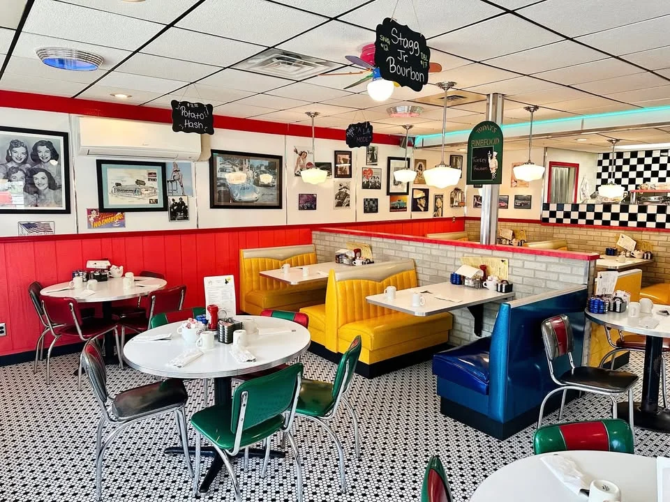 Colorful diner interior with retro decor and cozy booths