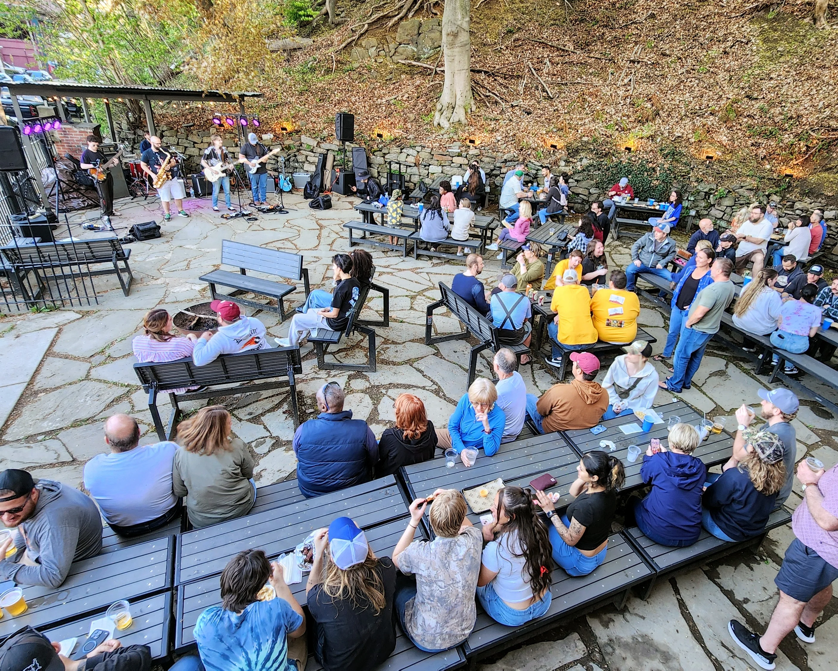 Outdoor live music event with a vibrant crowd enjoying the atmosphere