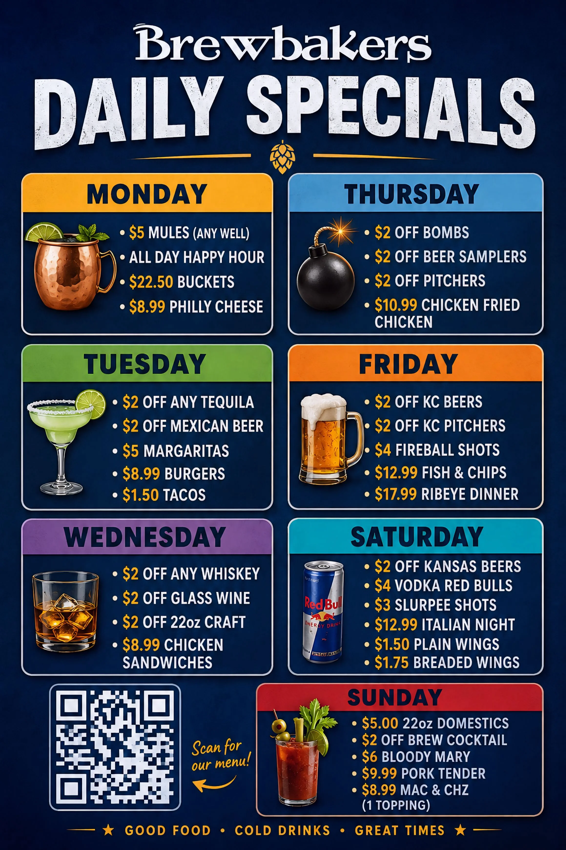 Daily specials menu at Brewbakers restaurant