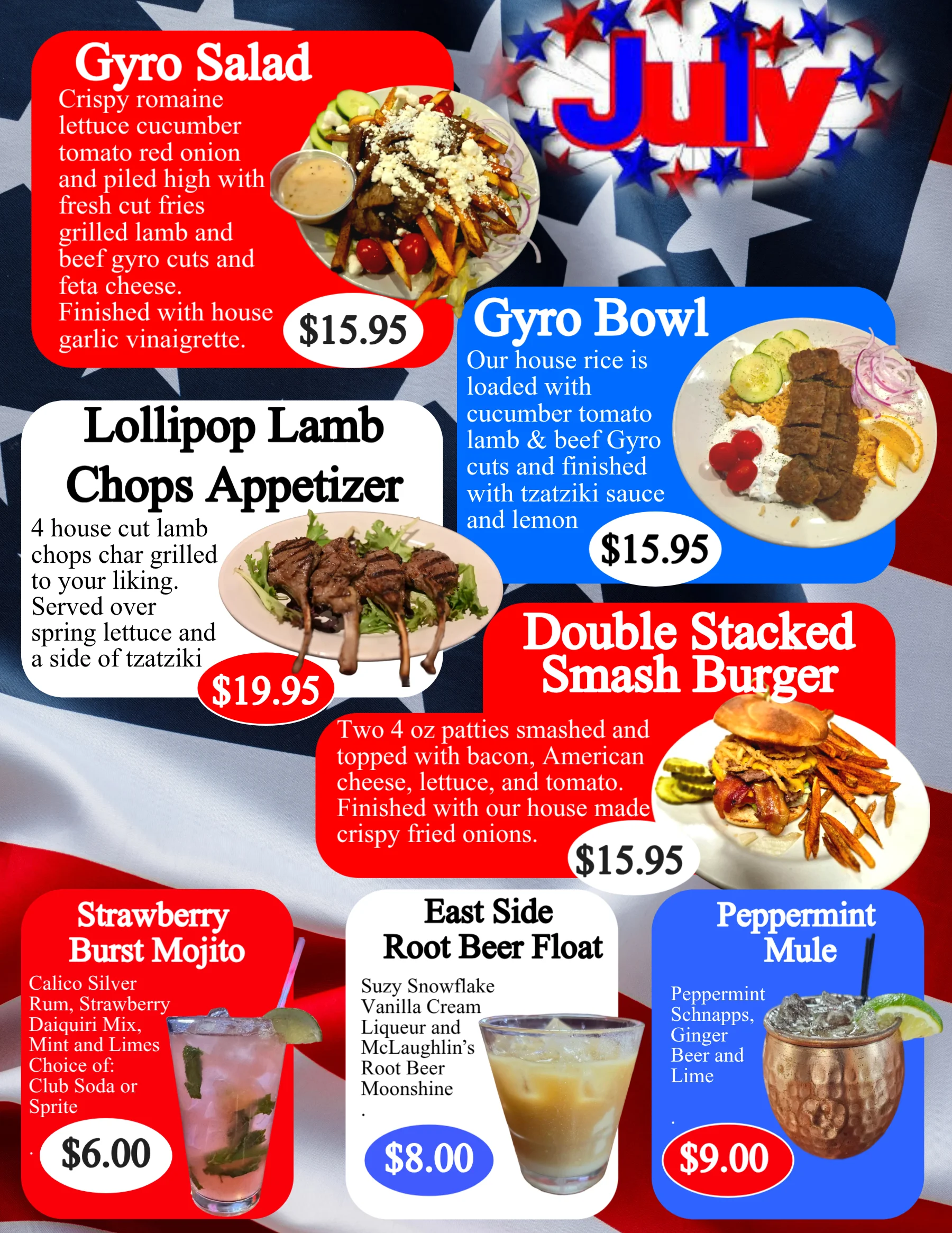 June specials featuring BBQ ribs, smash burger, and egg rolls