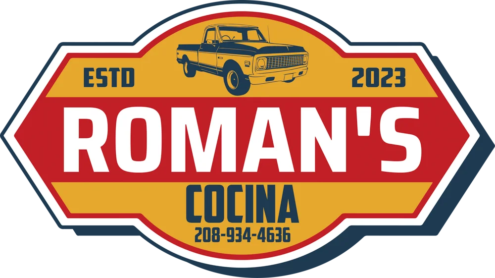 A colorful logo featuring a truck and the name of a restaurant, indicating its establishment year and contact number.