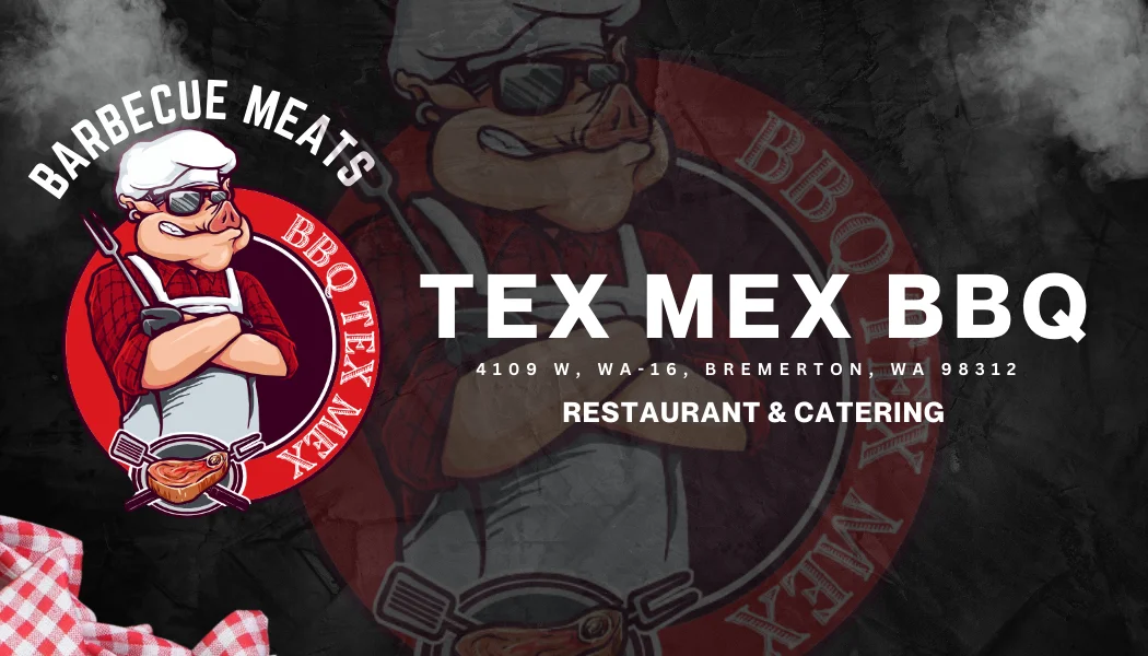 Logo of Tex Mex BBQ restaurant featuring a cartoon chef and barbecue theme