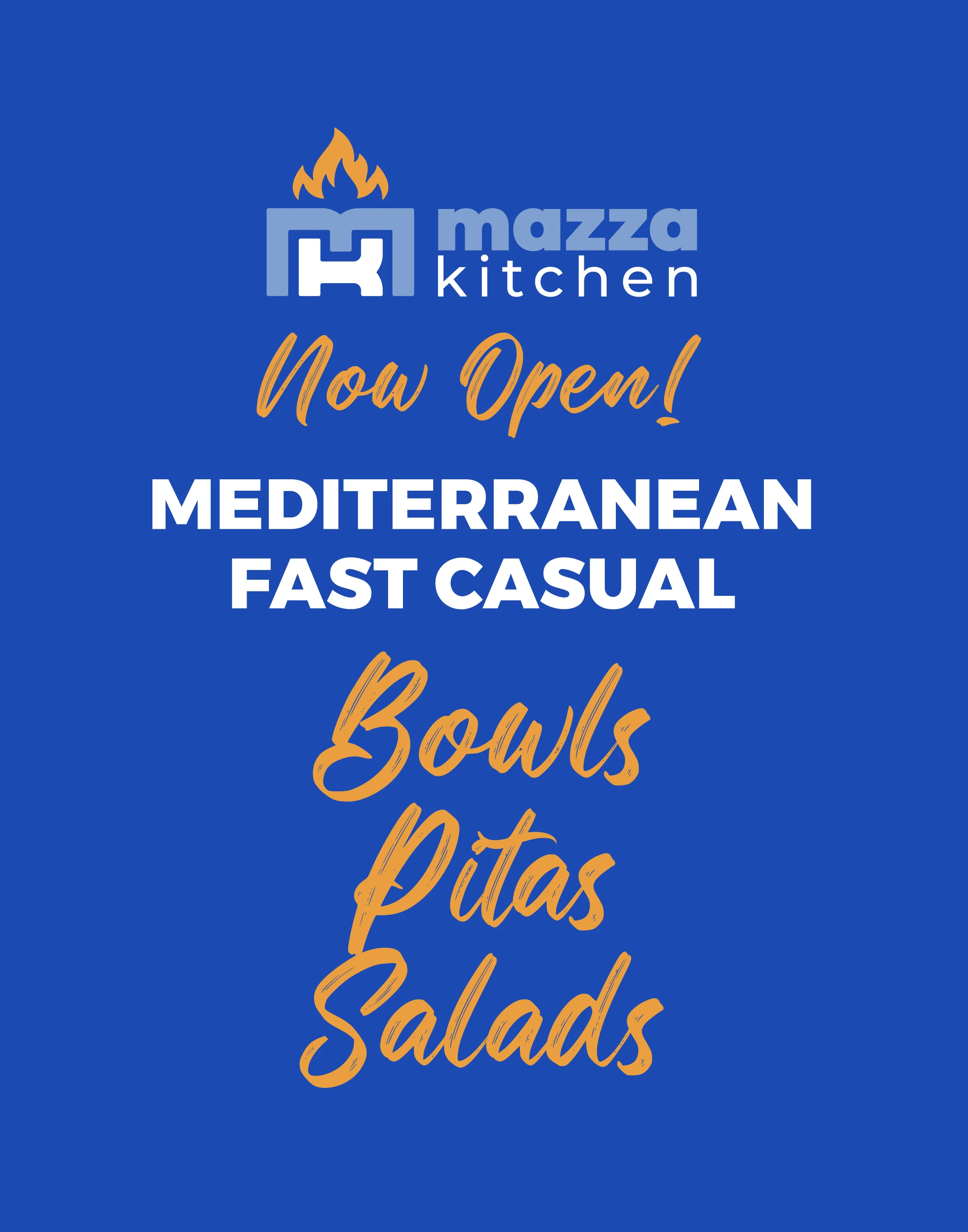 Now open sign for Mediterranean fast casual restaurant