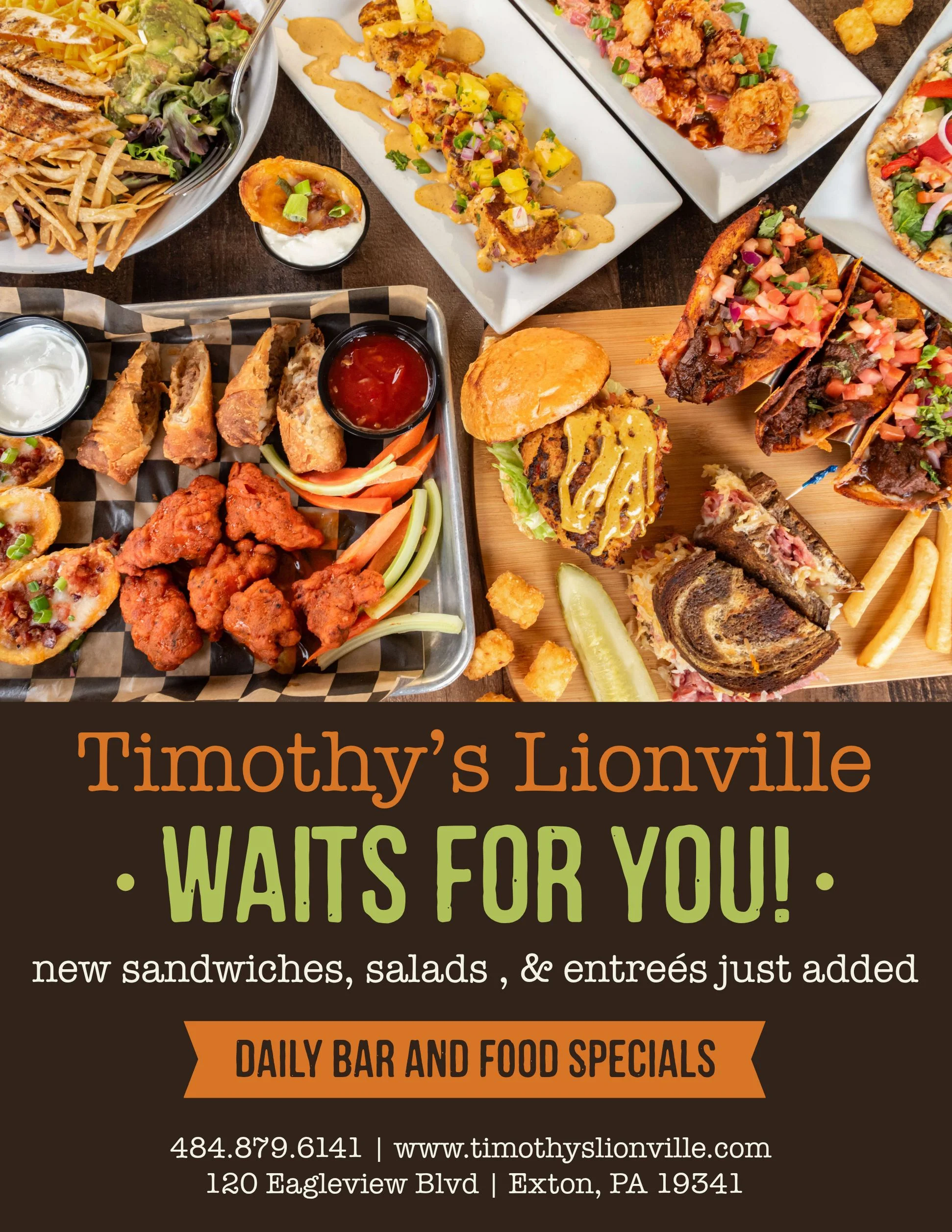 Variety of American pub dishes including wings and sandwiches
