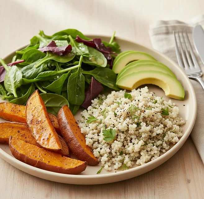 Healthy Mediterranean grain bowl with quinoa and fresh vegetables