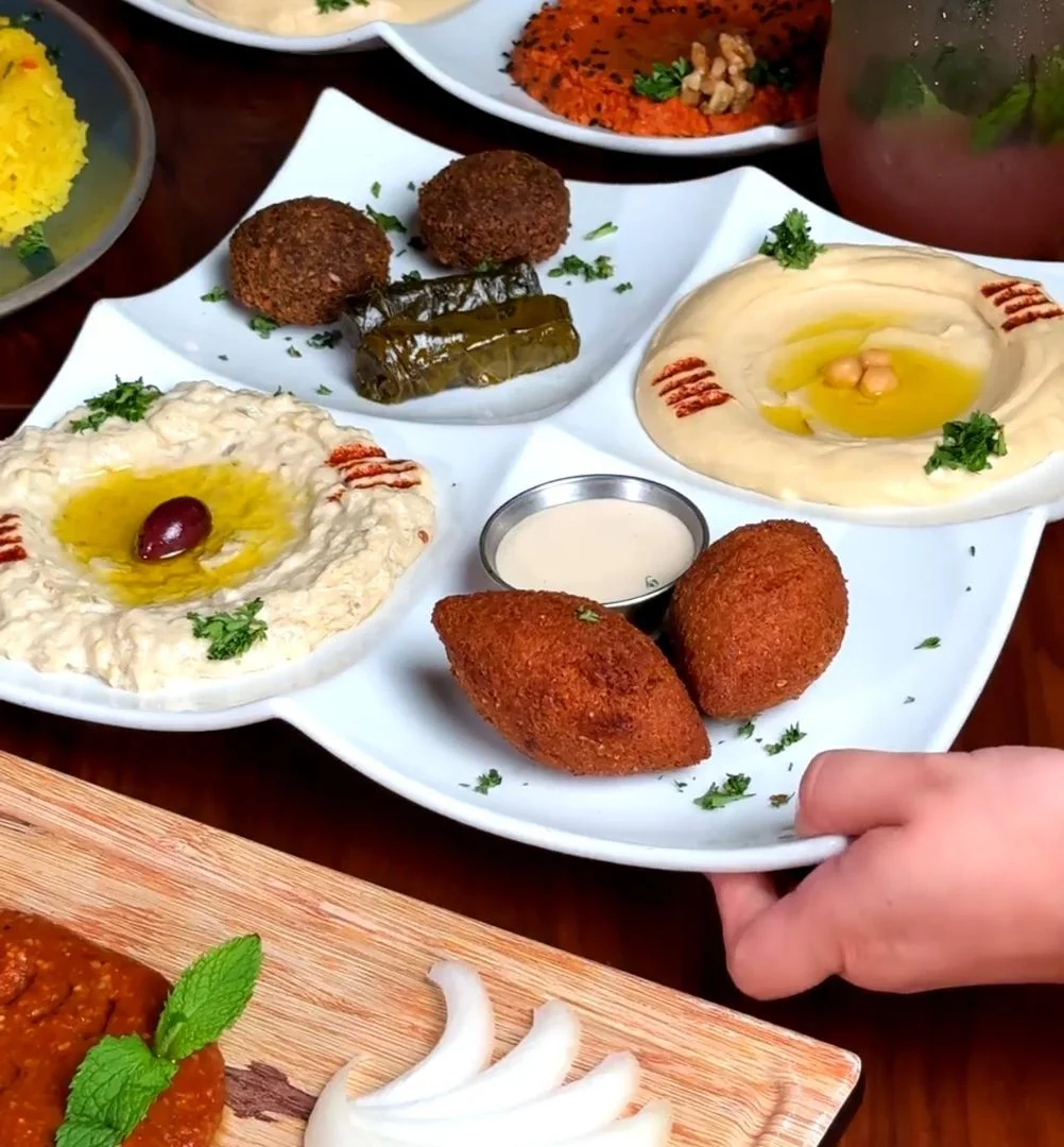 Hummus baba ghanoush served with fresh pita, 2 kibbeh, 2 falafel 2 grape leaves