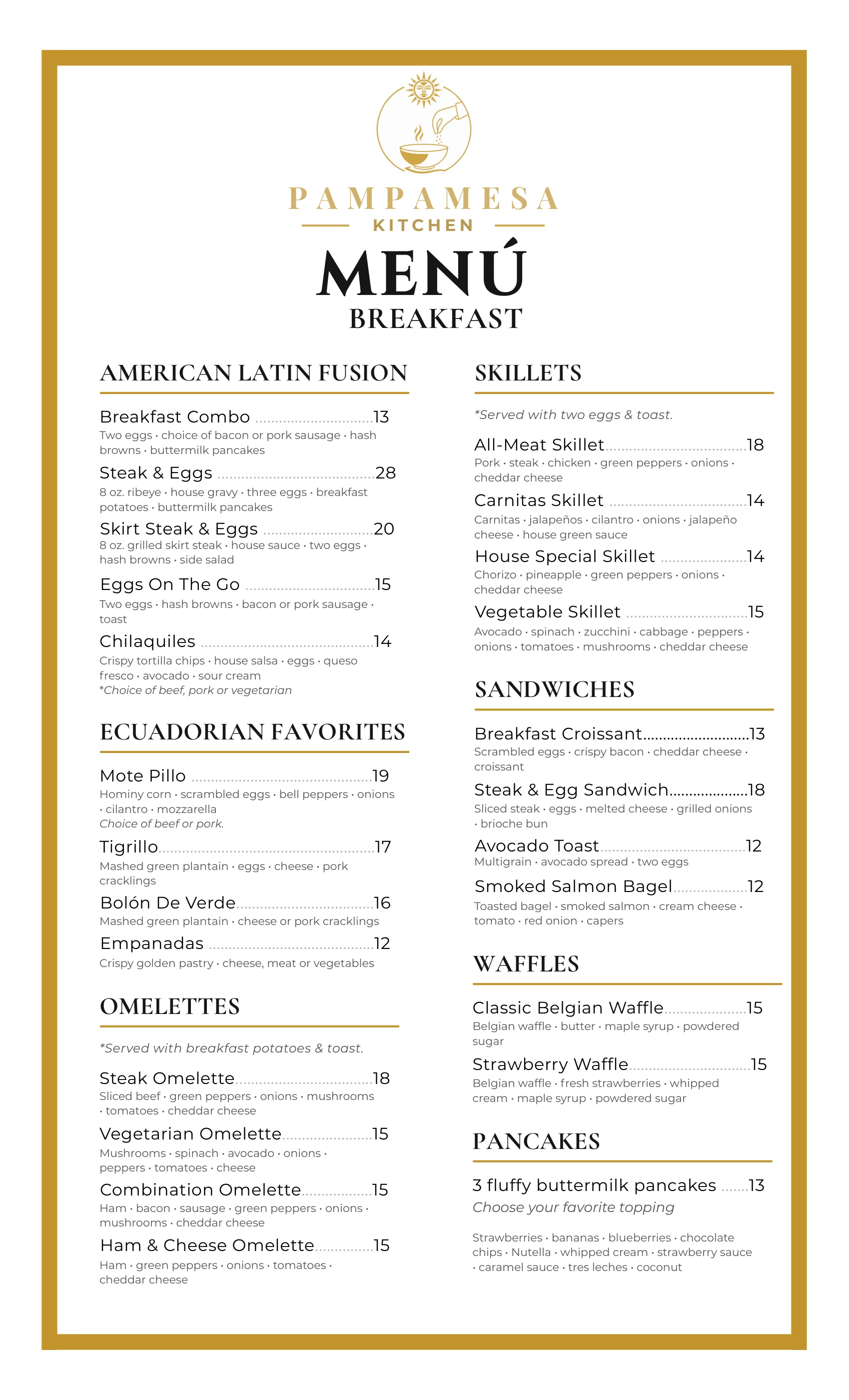 Breakfast menu featuring American Latin fusion dishes