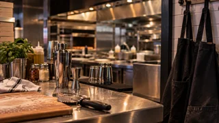 Stylish restaurant kitchen with hanging aprons and wood-fired oven