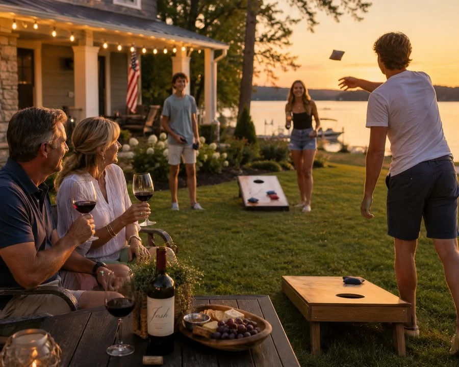 Family enjoying sunset by the lake with wine and games