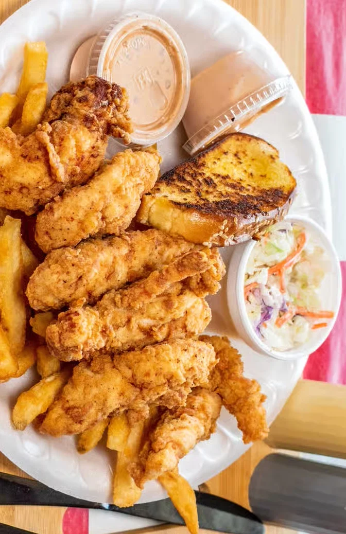 Southern fried chicken platter with fries and coleslaw