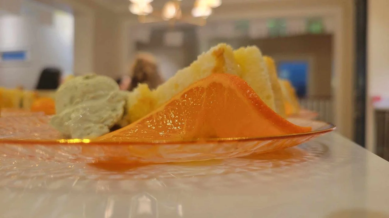 Japanese dessert with orange jelly and sponge cake