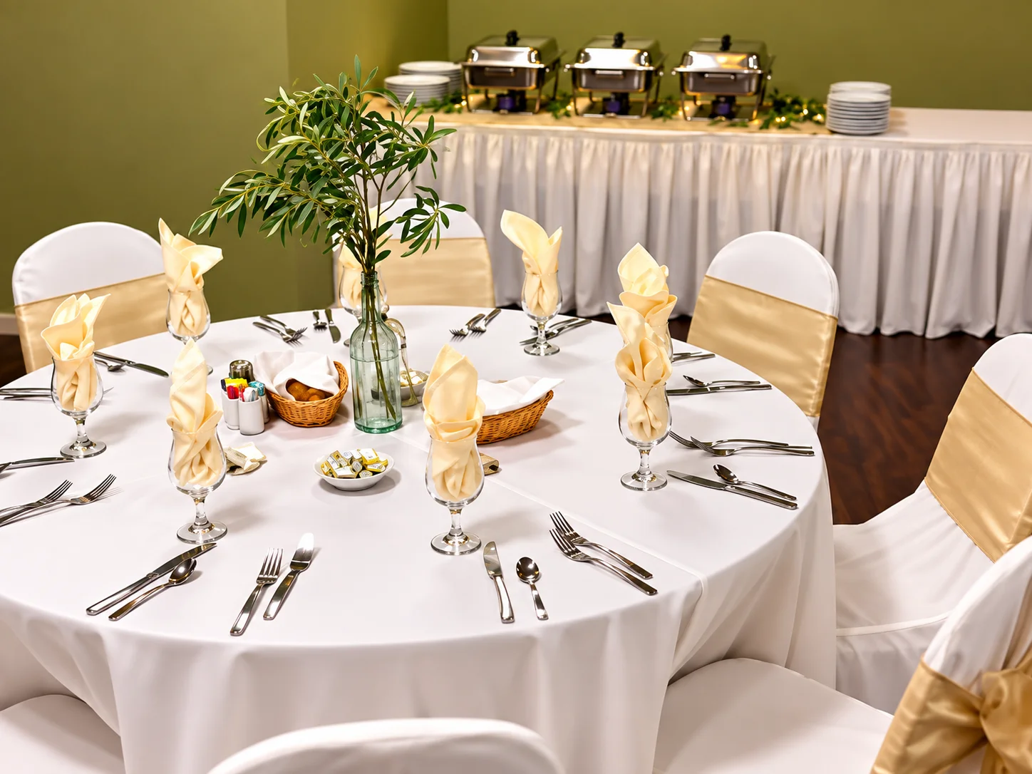 Elegant banquet table setting with white linens and gold chair accents