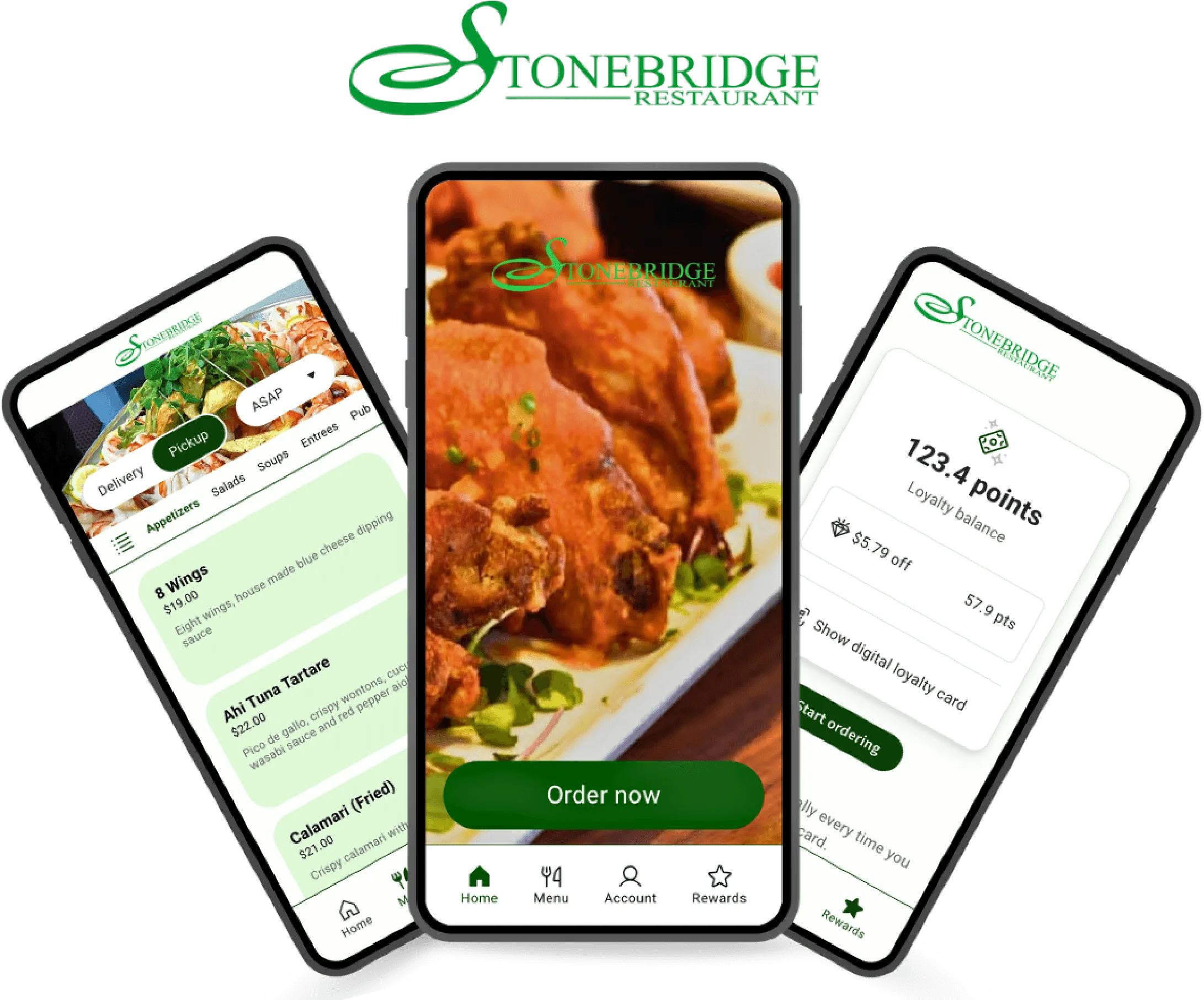 Mobile app interface for Stonebridge restaurant showcasing menu and features.