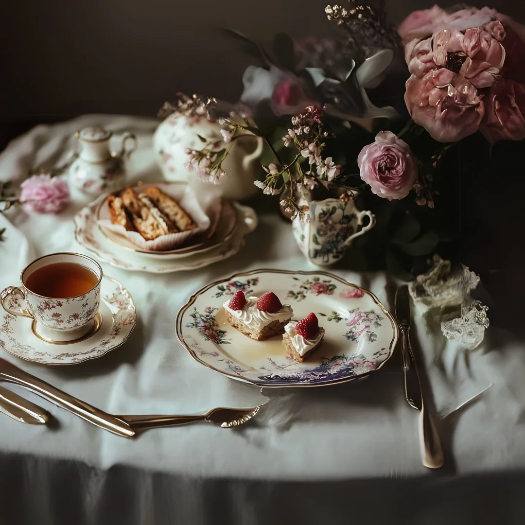Elegant afternoon tea with raspberry desserts and floral arrangements