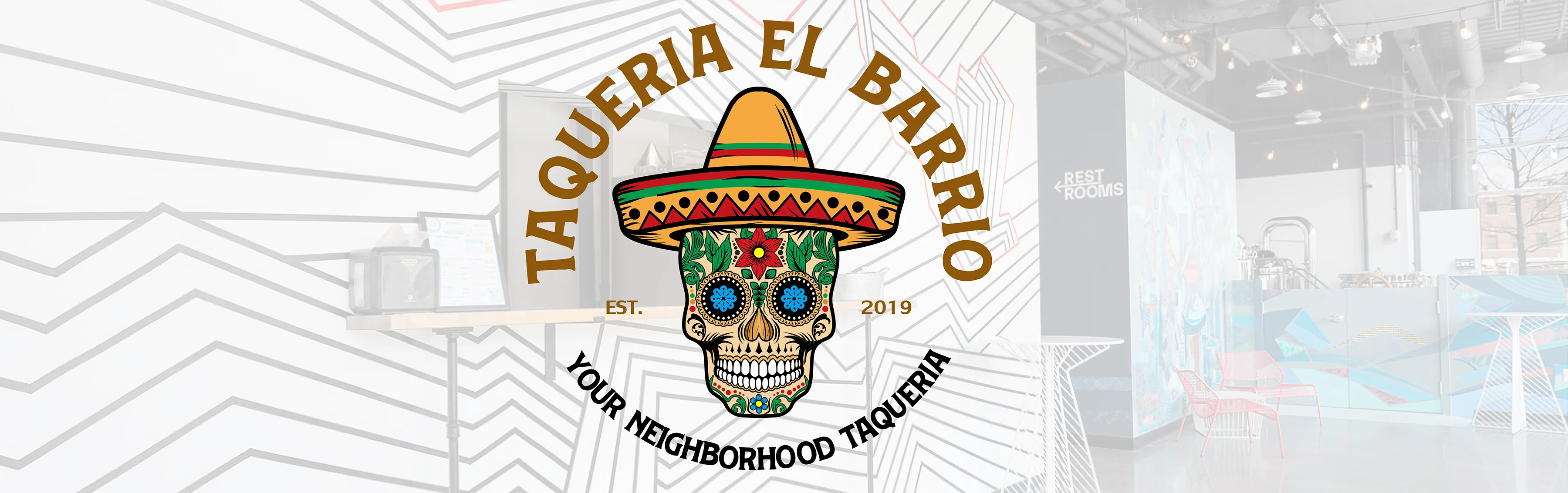 Colorful taqueria logo with a skull and sombrero design