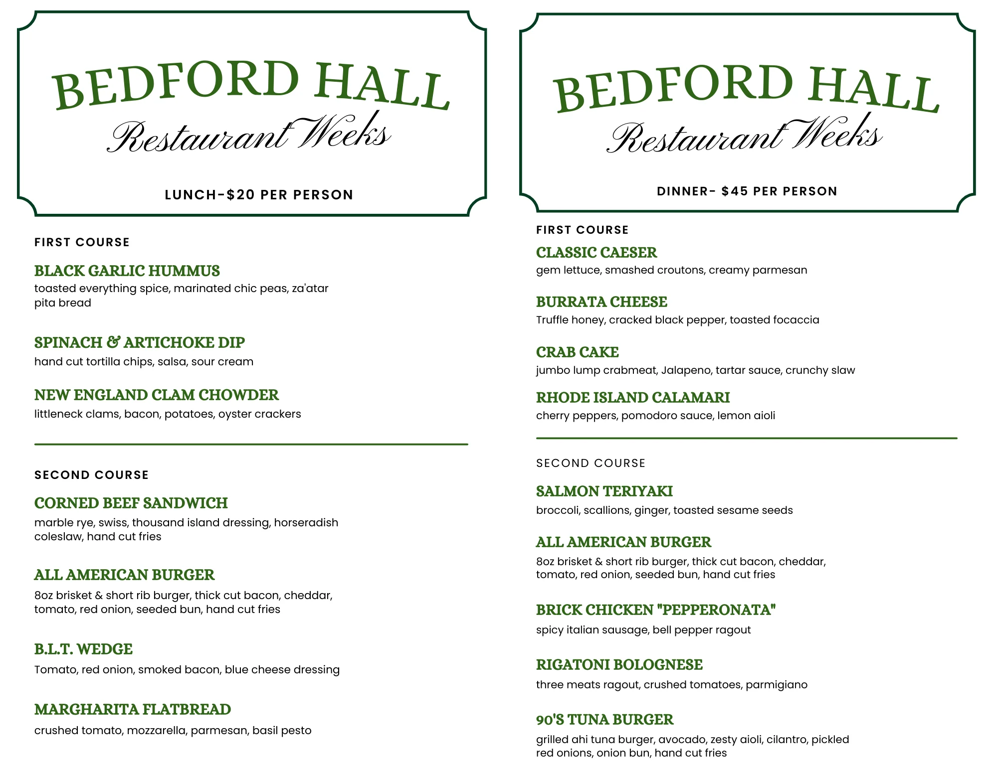 Restaurant menu featuring diverse American dishes