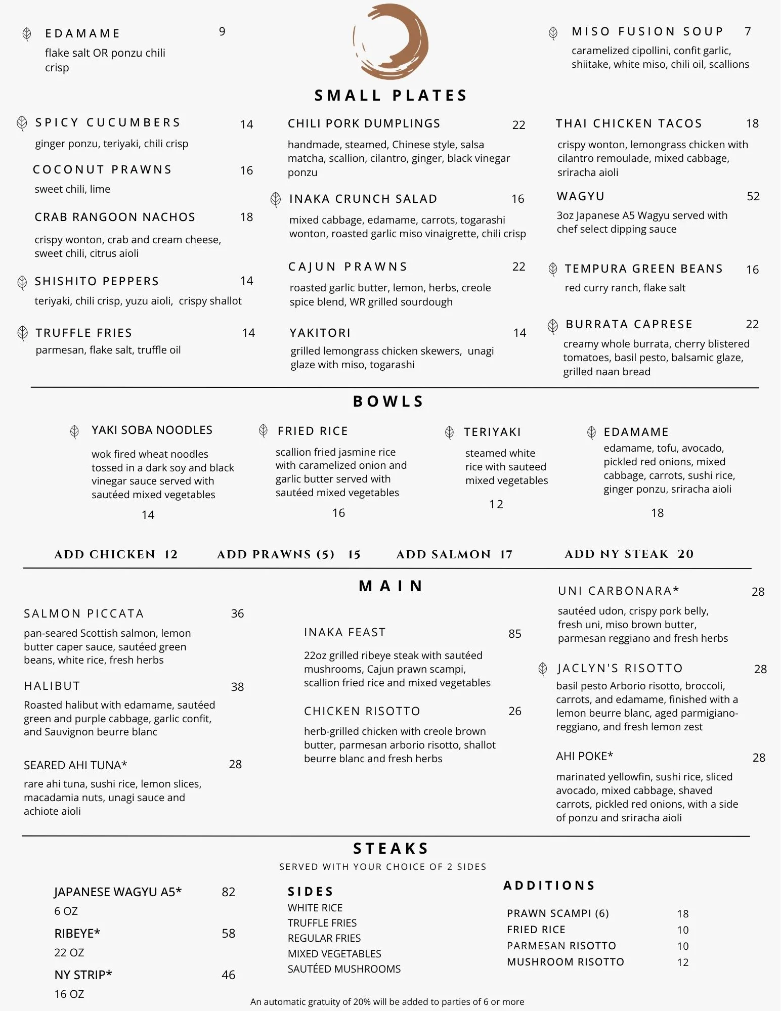 Diverse menu featuring Asian fusion dishes and gourmet small plates