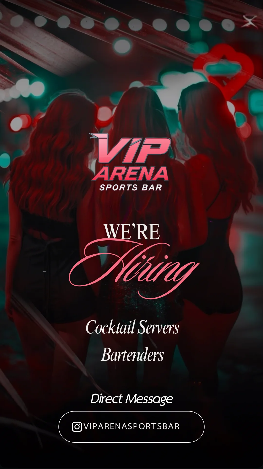 Hiring announcement for cocktail servers and bartenders at VIP Arena Sports Bar.