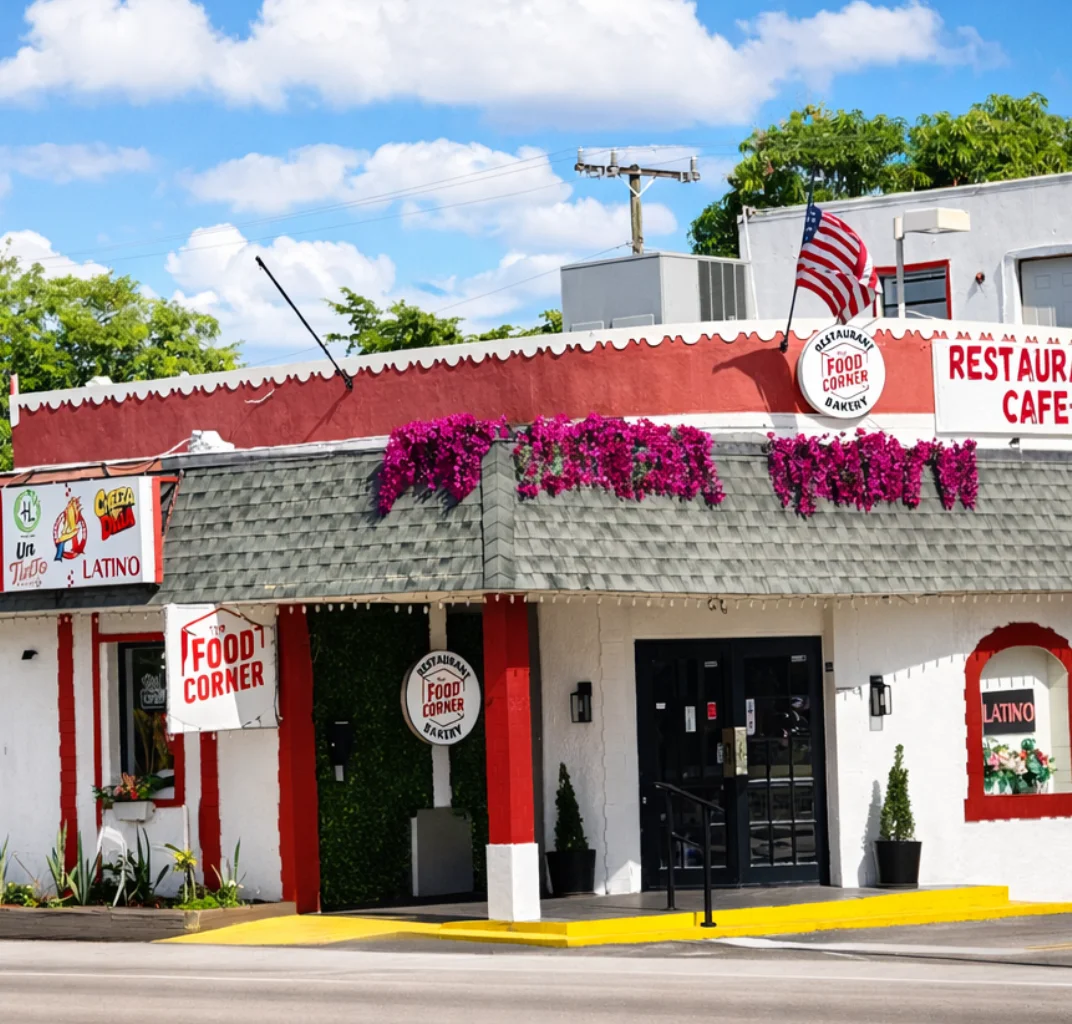 Charming restaurant exterior with vibrant flowers and signage