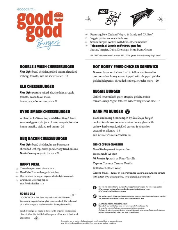 Menu featuring gourmet burgers and sandwiches