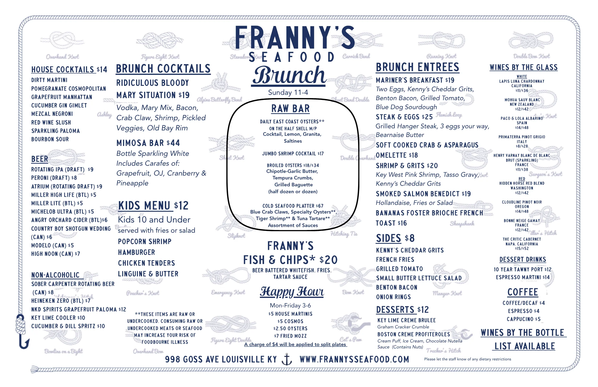 Brunch menu featuring seafood and cocktails at a vibrant restaurant