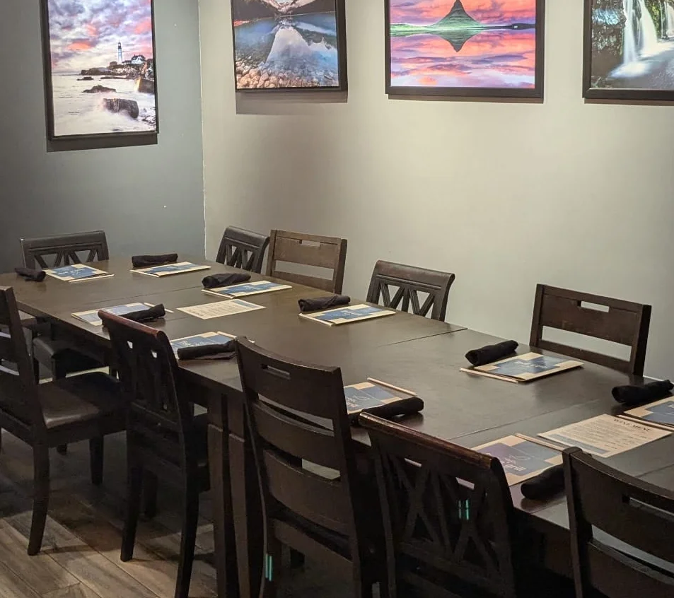 Cozy restaurant interior with wooden tables and artistic wall decor