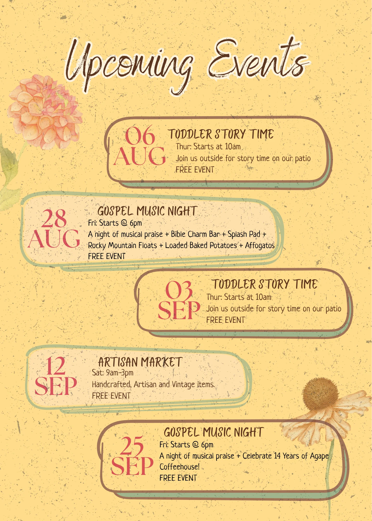 Upcoming events flyer for toddler story time and gospel music night