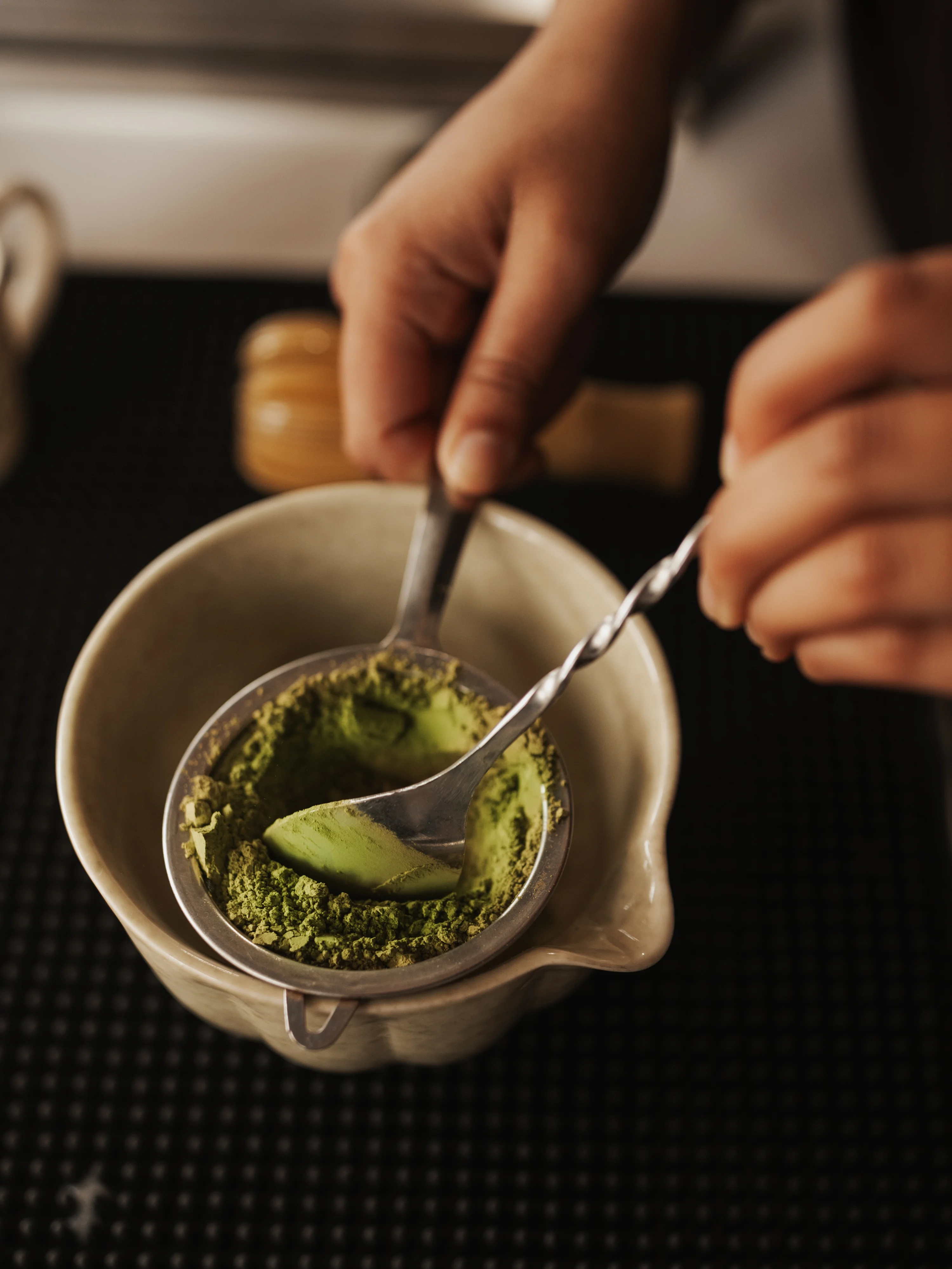 Prepping japanese grade matcha at Revival Coffee.