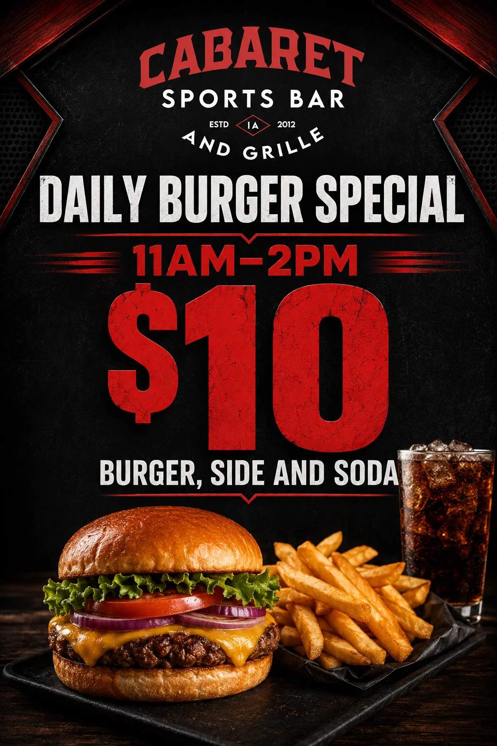 Juicy cheeseburger with fries and soda at a sports bar
