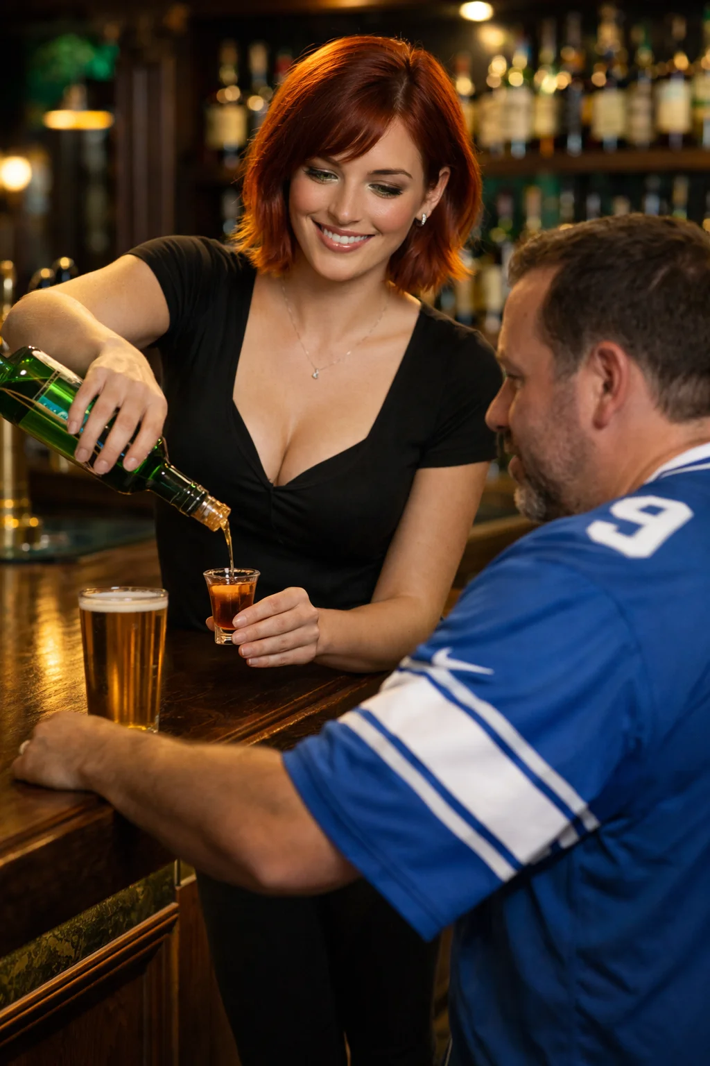 Bartender pouring a shot at a lively bar