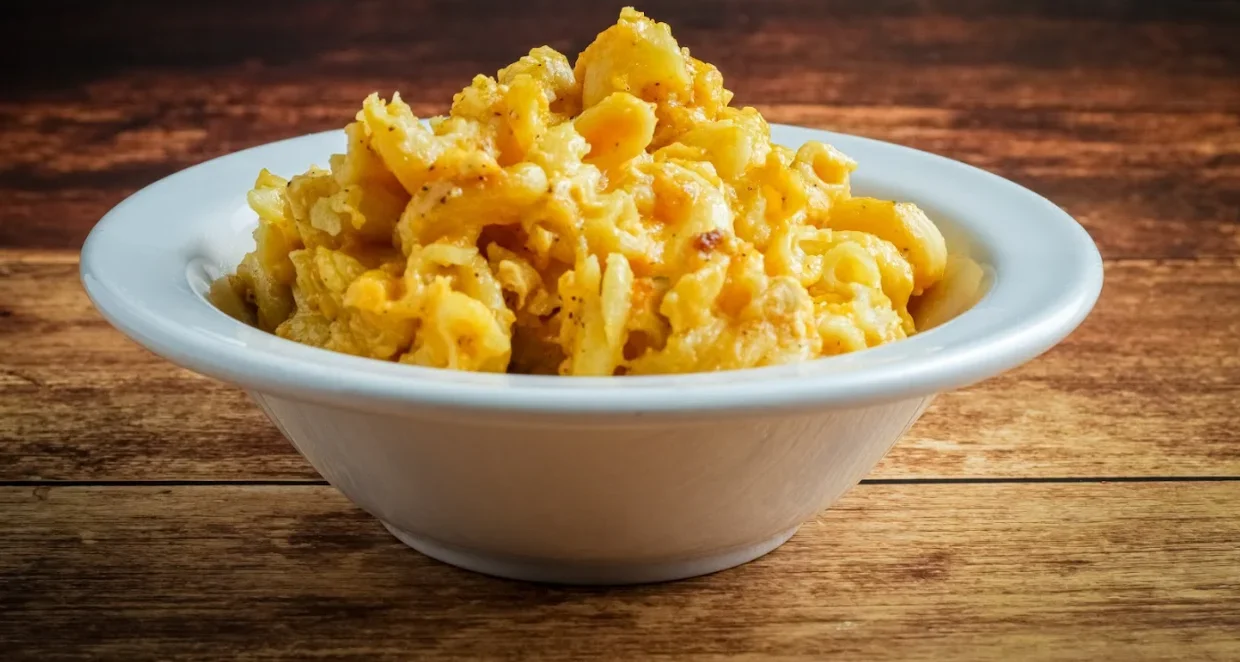 Creamy Southern mac and cheese in a white bowl