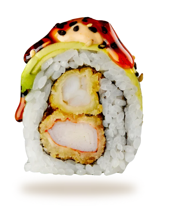 Cross-section of a colorful sushi roll with various fillings and sauces