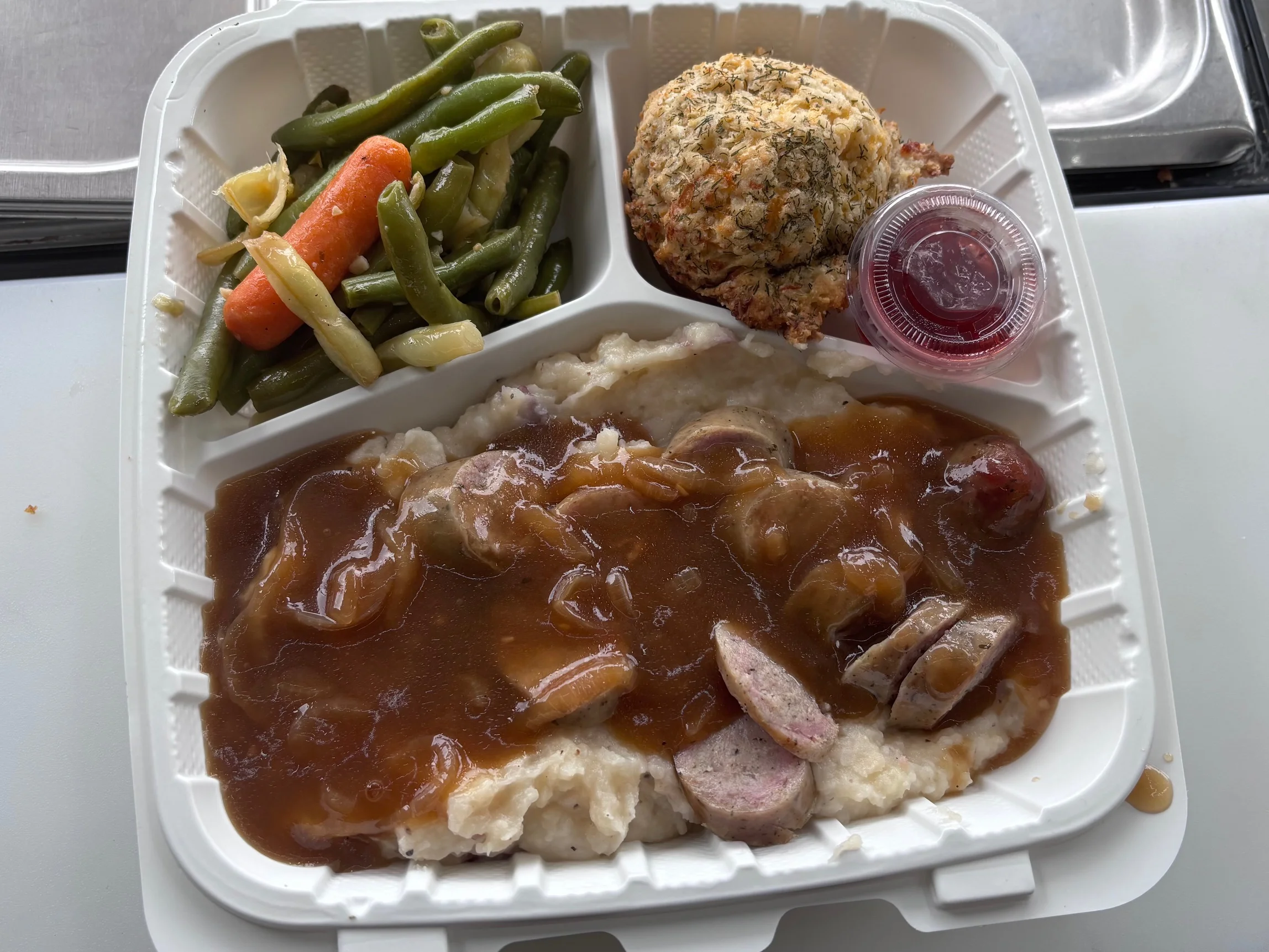 Southern-style meatloaf with mashed potatoes and green beans
