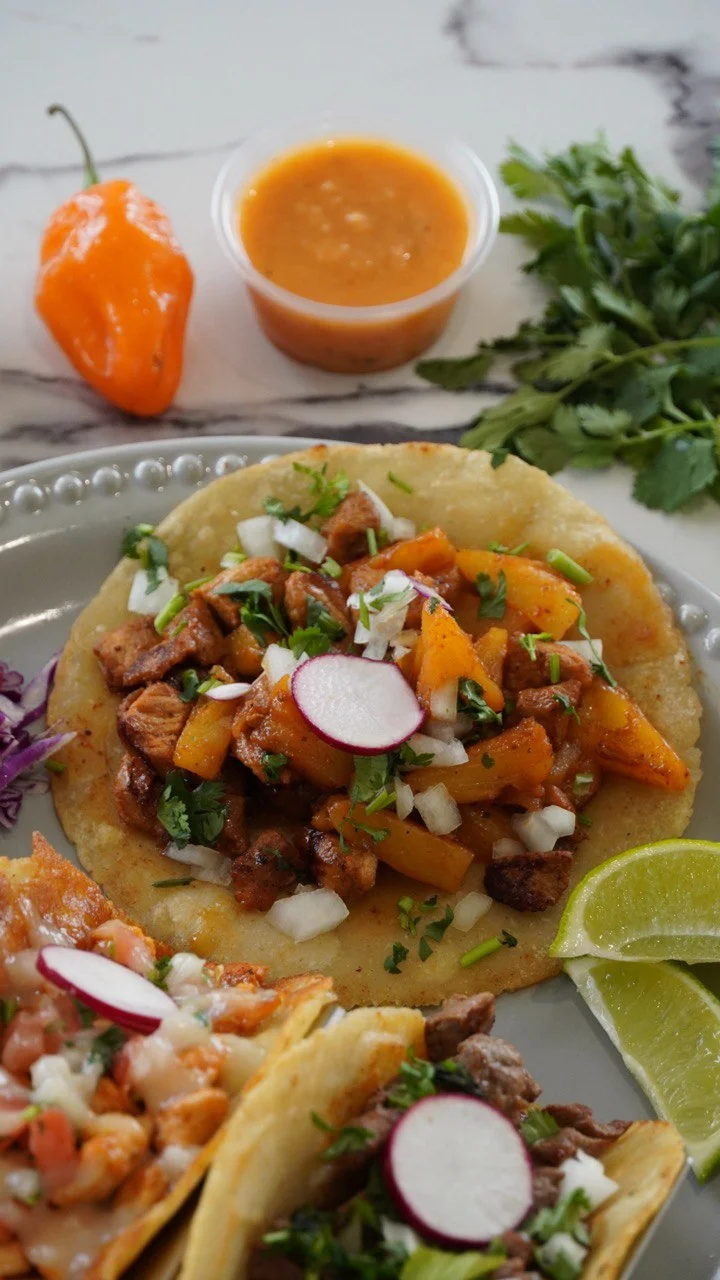 Delicious Mexican tacos al pastor with fresh toppings