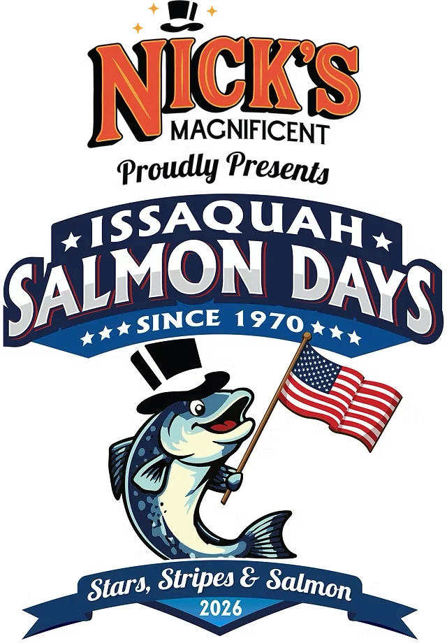 Patriotic salmon festival logo with cartoon fish, stars and stripes