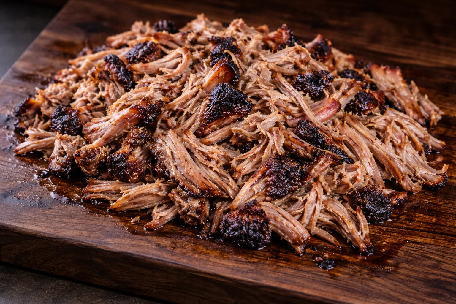 Smoky pulled pork barbecue on a wooden platter