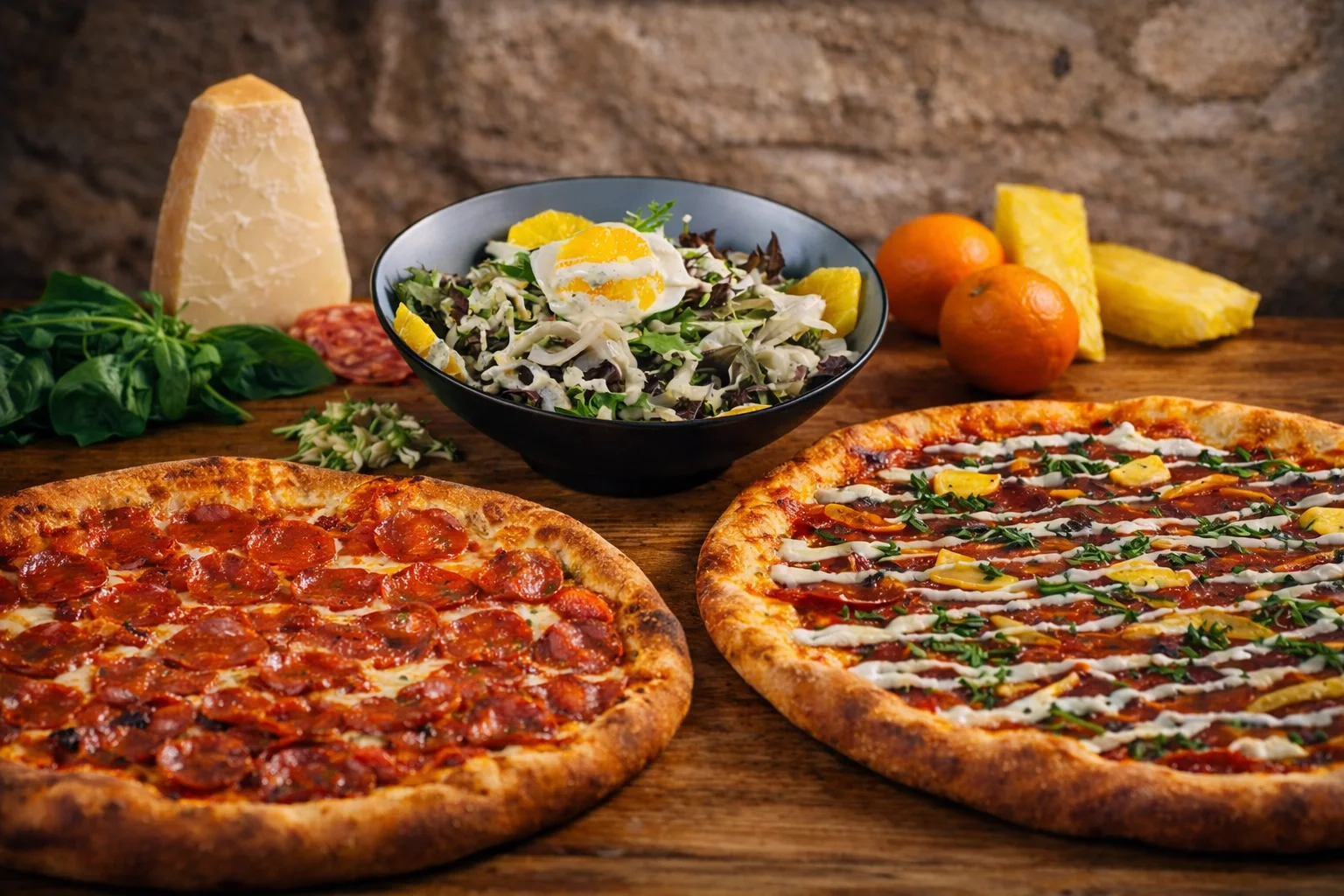 Two pizzas with pepperoni and barbecue chicken, served with a fresh salad