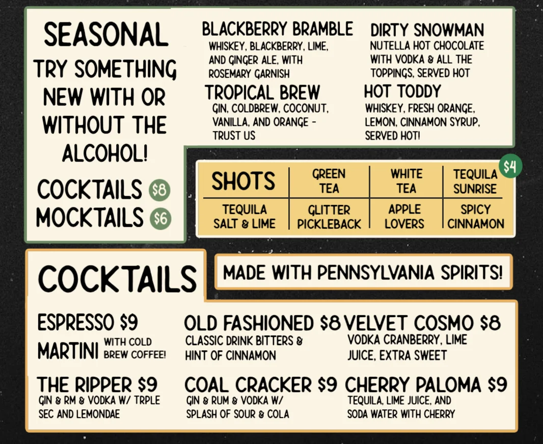 Cocktail menu featuring diverse drinks and seasonal flavors
