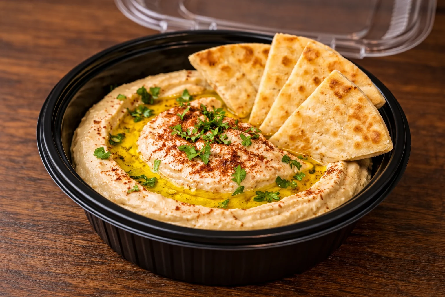 A bowl of hummus garnished with herbs and paprika, served with pita bread on the side.