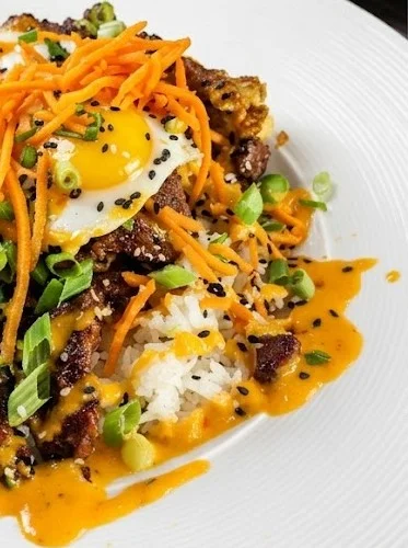 Korean fried rice bowl with egg and vegetables